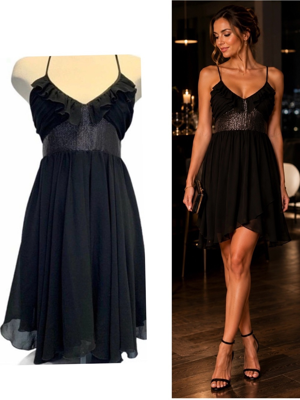 Tea F Black ruffle frill sequin halter top dress Sz L